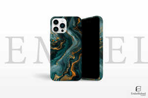 Blacklight Neon Phone Case with green and gold marble design for iPhone and Samsung models, durable and protective with glossy finish