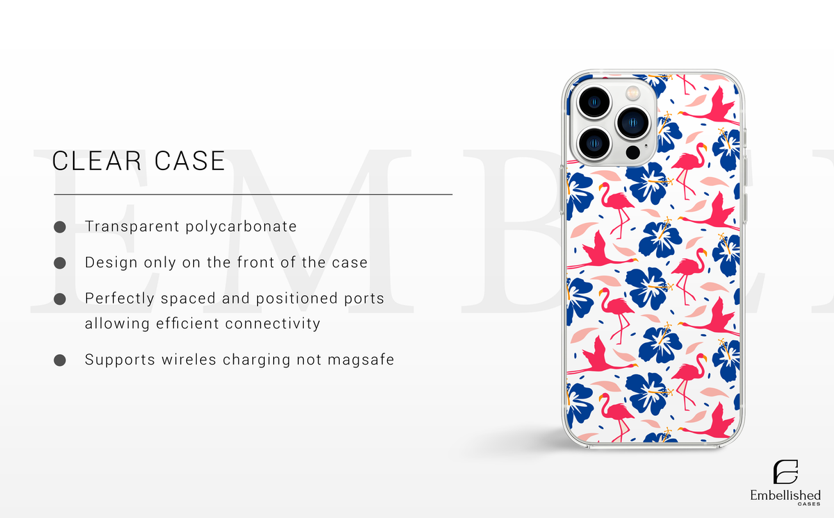 Pink Flamingo & Blue Hibiscus Tropical Design - Clear Phone Case