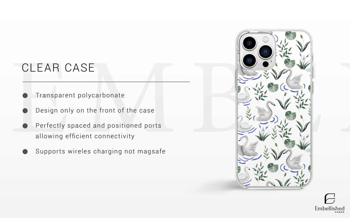 Elegant Swan & Lily Pad Pattern Clear Phone Case - Embellished Cases
