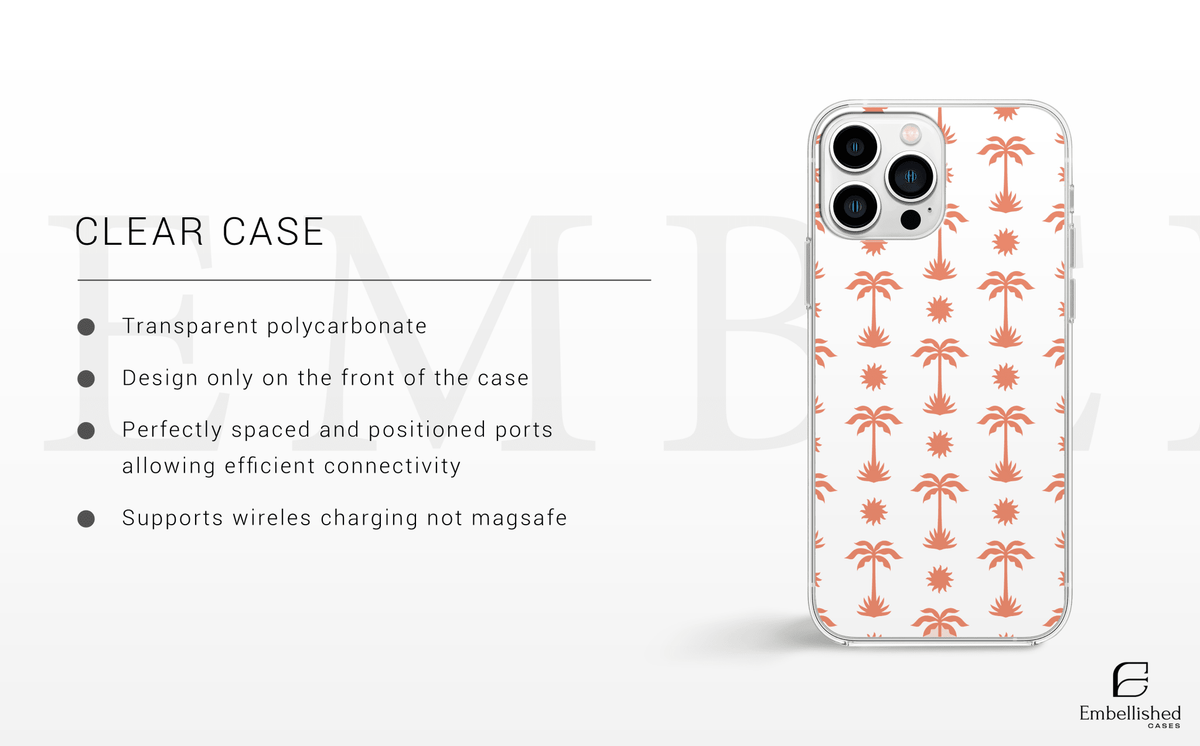 Coral Palm Tree & Sun Pattern Clear Phone Case - Embellished Cases
