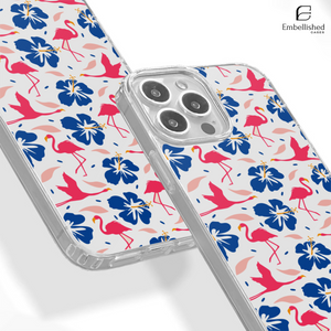 Pink Flamingo & Blue Hibiscus Tropical Design - Clear Phone Case