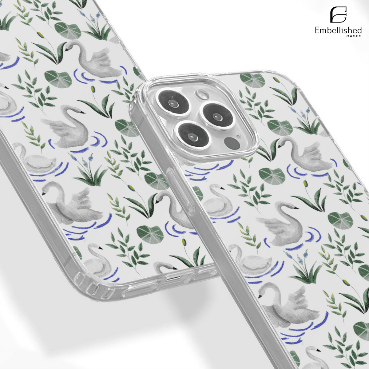 Elegant Swan & Lily Pad Pattern Clear Phone Case - Embellished Cases