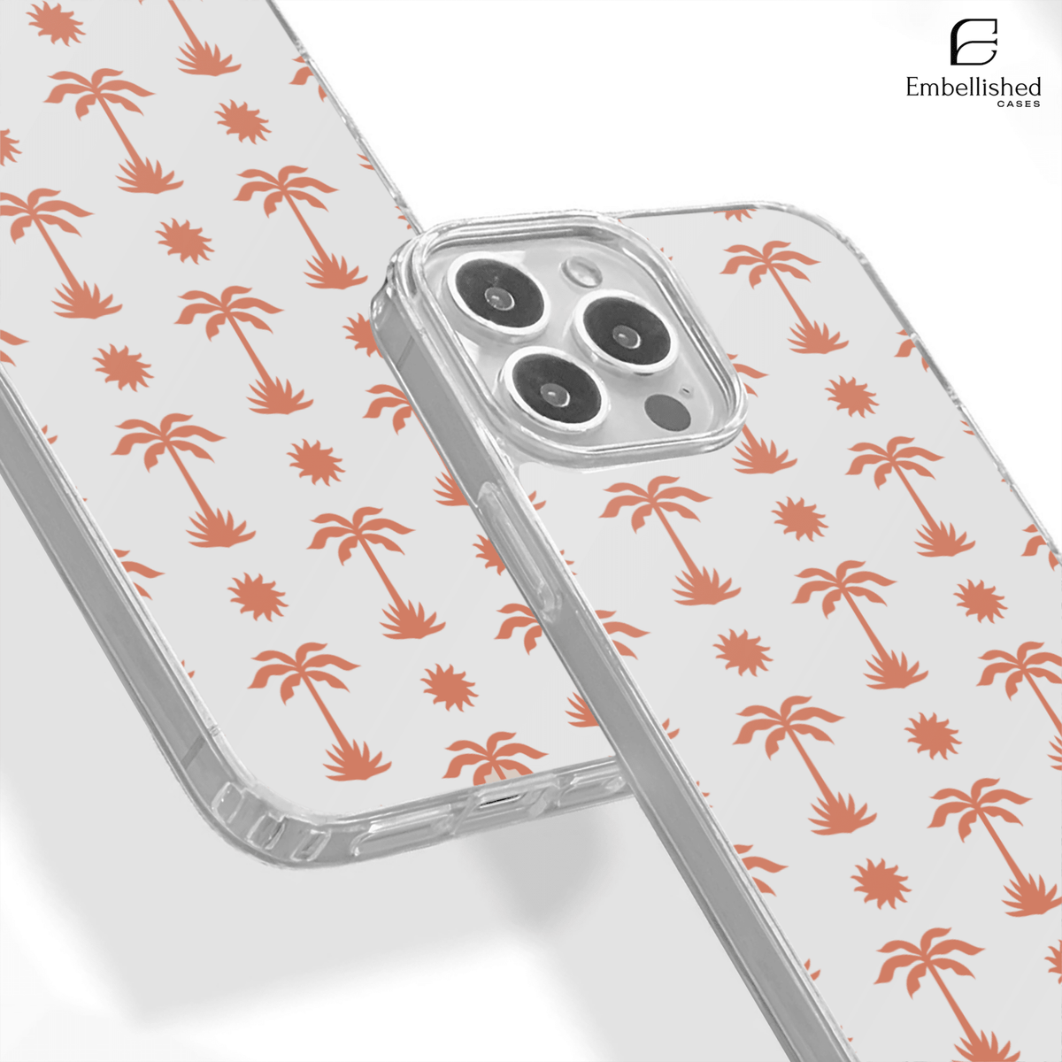 Coral Palm Tree & Sun Pattern Clear Phone Case - Embellished Cases