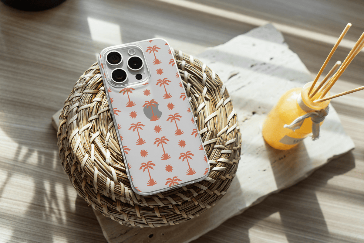 Coral Palm Tree & Sun Pattern Clear Phone Case - Embellished Cases
