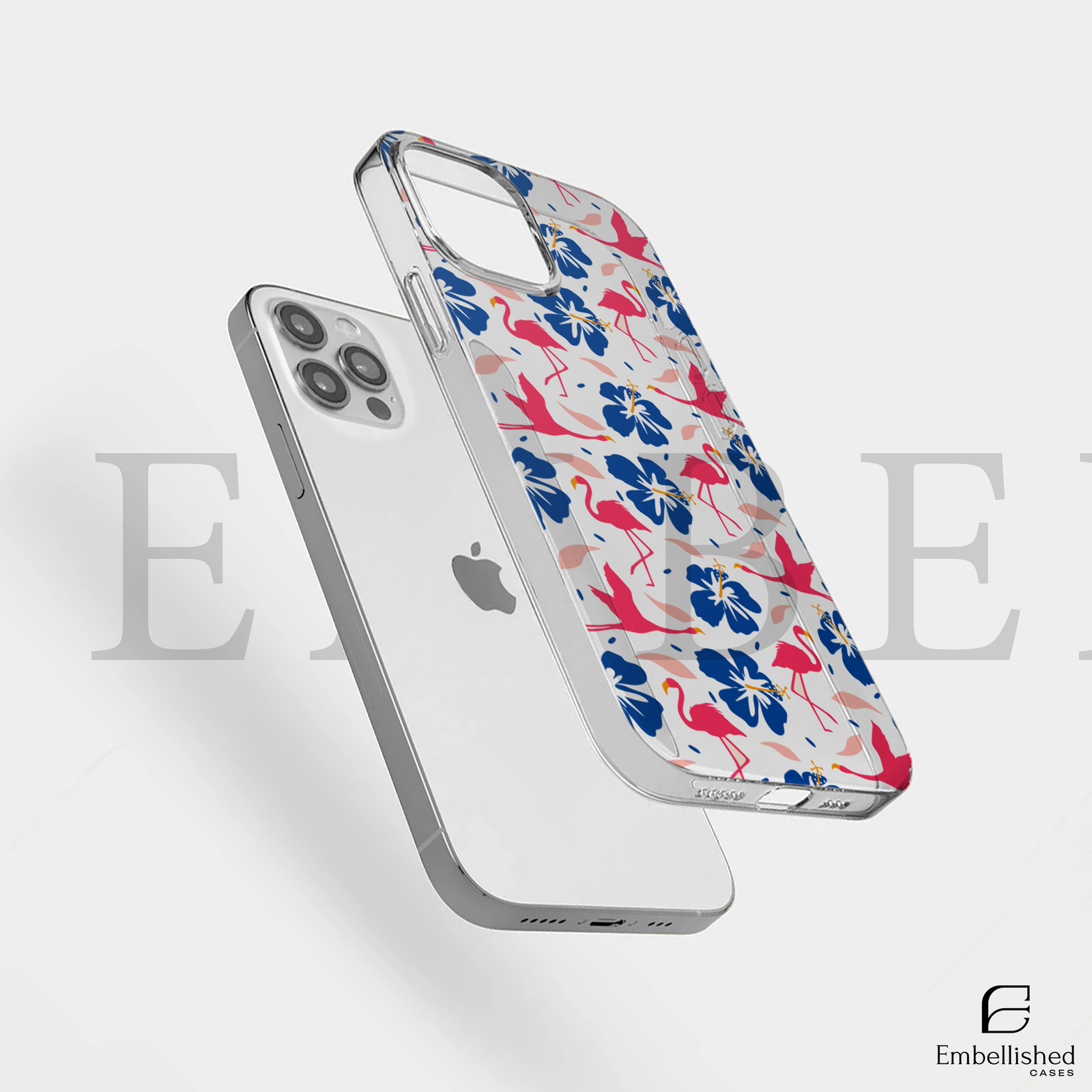 Pink Flamingo & Blue Hibiscus Tropical Design - Clear Phone Case