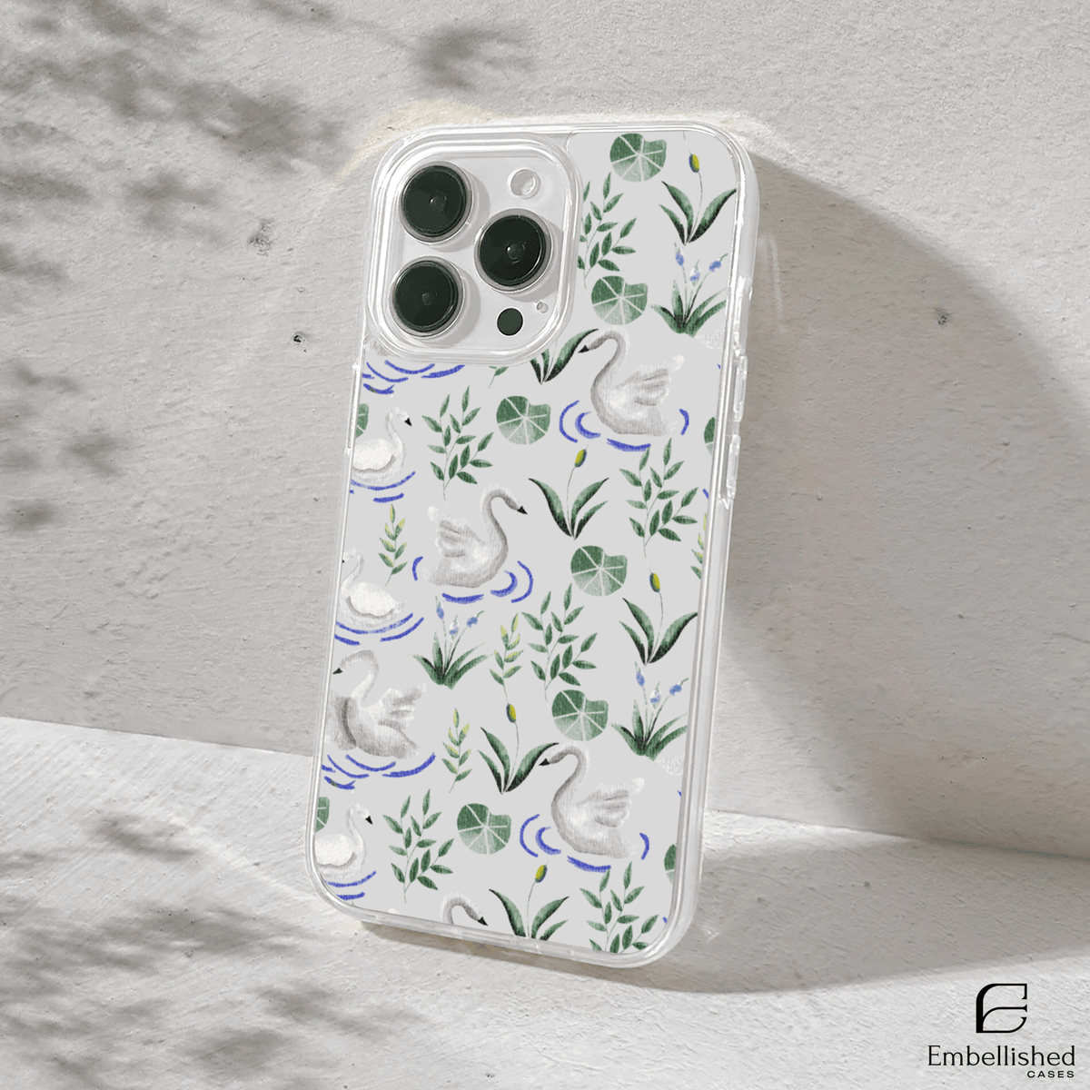 Elegant Swan & Lily Pad Pattern Clear Phone Case - Embellished Cases