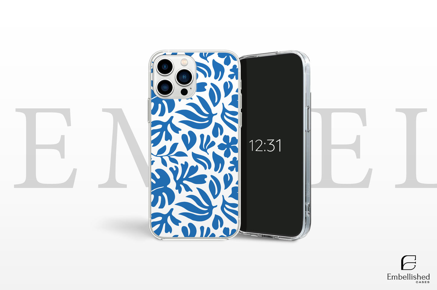 Clear phone case with blue tropical leaf pattern compatible with iPhone 16 and other models