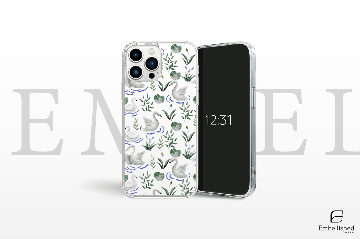 Elegant Swan & Lily Pad Pattern Clear Phone Case - Embellished Cases